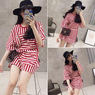 Striped Elbow-sleeve T-shirt Dress