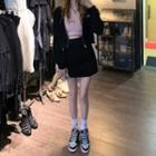 Zip Cropped Jacket + Bear Print Camisole Top + Mini Skirt