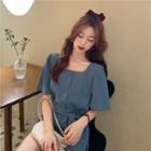 Short-sleeve Square-neck Tie-waist Wide-leg Playsuit