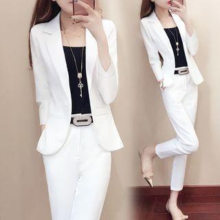 Set: Button Blazer + Slim Fit Dress Pants + Belt