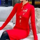 Traditional Chinese Long-sleeve Embroidered Knit Dress