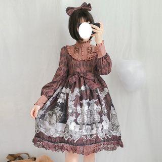 Long-sleeve Print A-line Dress / Hairband / Set