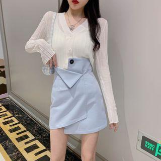 V-neck Cardigan / Asymmetrical Mini A-line Skirt