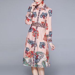 Long-sleeve Paisley Print Midi A-line Shirtdress