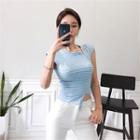 Padded-shoulder Stripe Slit-trim Top