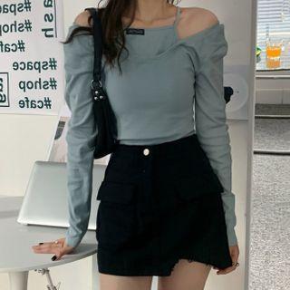 Long-sleeve Cold Shoulder T-shirt / Pleated Skirt