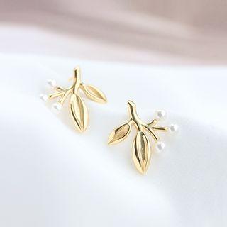 925 Sterling Silver Faux Pearl Leaf Earring 1 Pair - Earrings - One Size