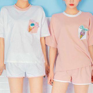 Set: Contrast-trim Pocket T-shirt + Sweat Shorts