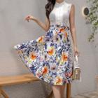 Set: Sleeveless Plain Top + Floral Midi A-line Skirt