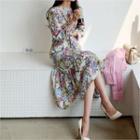 Round-neck Floral Print Ruffle-hem Dress White - One Size