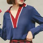 Color-block V-neck Long-sleeve Blouse