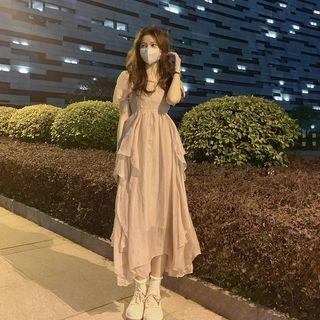 Puff-sleeve Shirred Midi A-line Mesh Dress