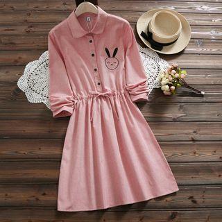 Embroidered Rabbit Long-sleeve A-line Shirt Dress