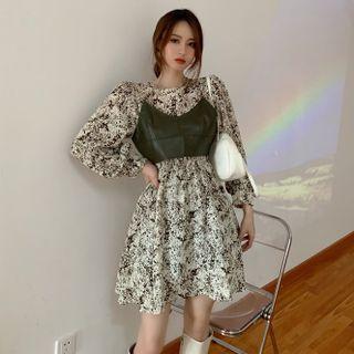 Set: Long-sleeve Floral Print Mini A-line Dress + Camisole Top Set Of 2 - Dress & Camisole Top - Black Floral - White & Black - One Size