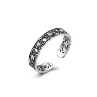 925 Sterling Silver Vintage Fashion Hollow Carved Cubic Zirconia Adjustable Open Ring Silver - One Size