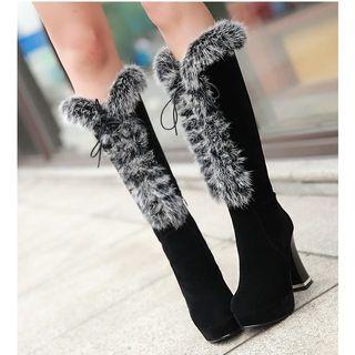 Faux Fur Trim Block Heel Platform Tall Boots