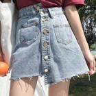 Fringed Hem A-line Mini Denim Skirt