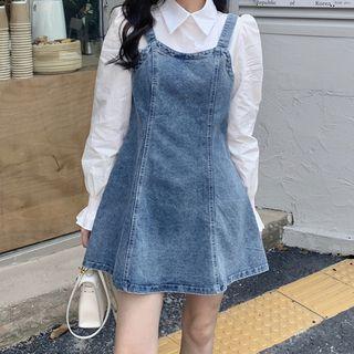 Long-sleeve Mock Two-piece Mini Denim Dress
