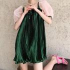 Puff-sleeve Panel Pleated Mini A-line Dress