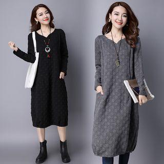 Textured Long-sleeve Midi T-shirt Dress