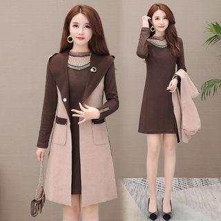 Set: Color Block Coat + Long-sleeve Mini Dress