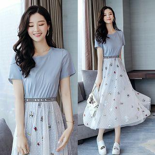 Set: Short-sleeve Long T-shirt + Embroidered Mesh Midi Skirt