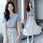 Set: Short-sleeve Long T-shirt + Embroidered Mesh Midi Skirt