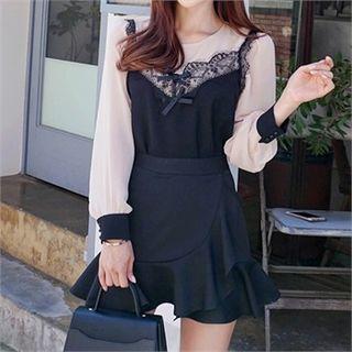 Laced Contrast-panel Chiffon Top