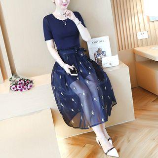 Set: Plain Short-sleeve Dress + Embroidered Midi Skirt