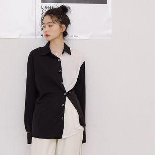 Long-sleeve Asymmetric Two-tone Blouse As Shown In Figure - One Size