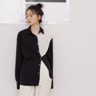 Long-sleeve Asymmetric Two-tone Blouse As Shown In Figure - One Size