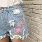 Loose-fit Flower Embroidered Denim Shorts