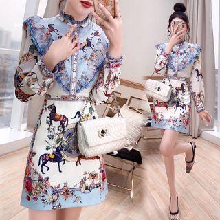 Set: Horse Print Blouse + Mini A-line Skirt