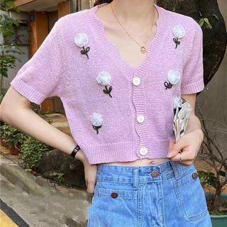 Short Sleeve V-neck Floral Knit Crop Cardigan