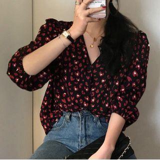 Heart Print Elbow-sleeve Blouse Black - One Size