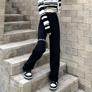 High-waist Letter Embroidered Straight Cut Jeans