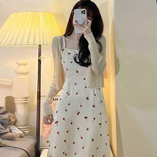 Spaghetti Strap Cherry Print Midi Dress / Long-sleeve Cropped Cardigan
