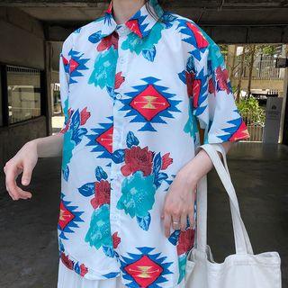 Patterned Short Sleeve Blouse As Shown In Figure - One Size