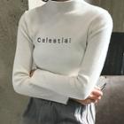 Letter Embroidered Mock-neck Long-sleeve Knit Top