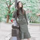 Set: Turtleneck Lettuce Edge Sweater + Long-sleeve Plaid Midi Mermaid Dress