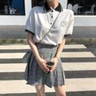 Short-sleeve Polo Shirt / Check Pleated Mini Skirt