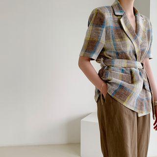 Short-sleeve Belted Plaid Blazer Brown - One Size