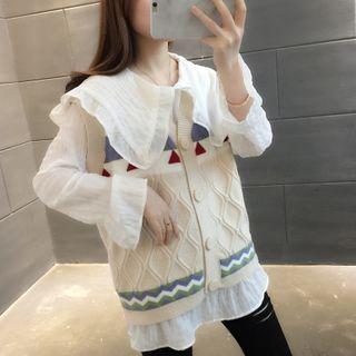 Set: Patterned Single Breasted Vest + Collared Bell-sleeve Blouse