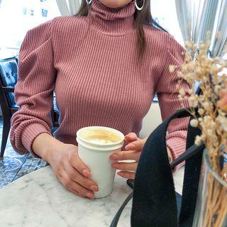 Turtleneck Puff-shoulder Ribbed Top