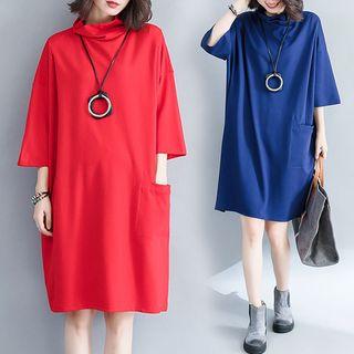 Plain High-neck 3/4-sleeve Dress