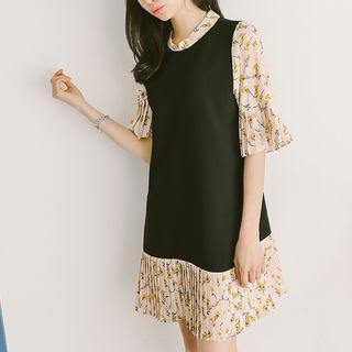 Mock Top-overlay Floral Pleat Dress