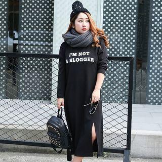 Lettering Side Slit Long Sleeve Midi Dress
