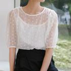 Set: Short-sleeve Dotted Sheer Blouse + Camisole Top