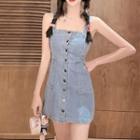 Spaghetti Strap Washed Denim Mini Sheath Dress