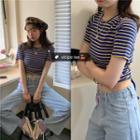 Striped Short-sleeve Slim-fit Cropped T-shirt As Figure - One Size